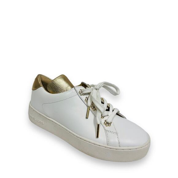 MICHAEL KORS White Gold Leather Irving Floral Accent Logo Lace Up Sneakers 6.5 - Picture 2 of 7